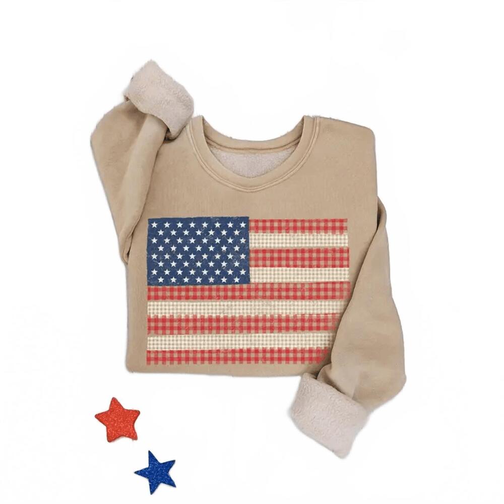 NEW HRT & LUV women's checked american flag sweatshirt in mineral beige